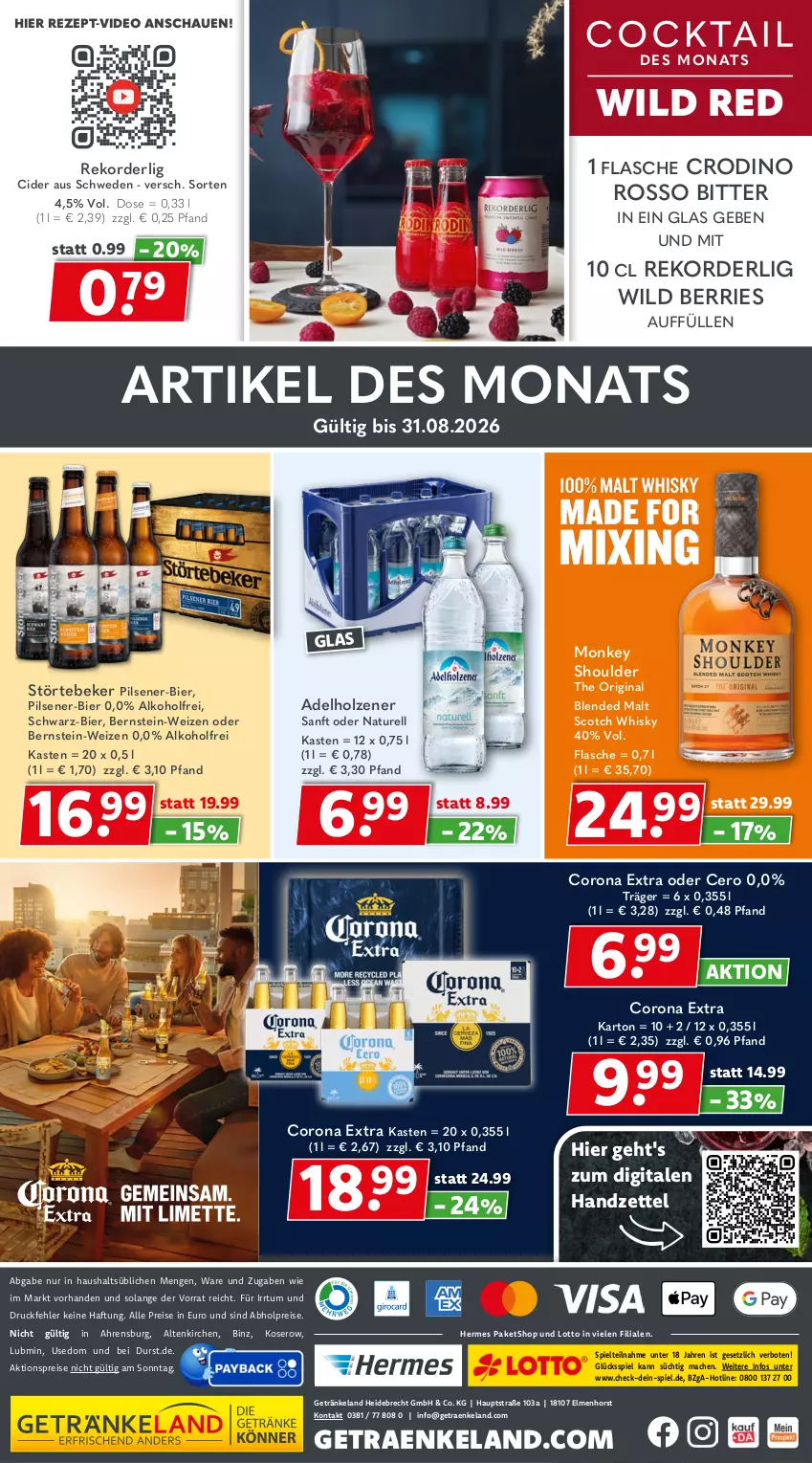 Aktueller Prospekt Getraenkeland - von 17.08 bis 29.08.2026 - strona 12 - produkty: abholpreise, adelholzener, aktionspreis, alkohol, bestpreis, bestpreise, bier, cider, corona, corona extra, deo, eis, Elan, flasche, getränk, getränke, gin, Holz, mac, natur, pils, pilsener, reis, rel, rezept, scotch, scotch whisky, störtebeker, Ti, whisky, Wild
