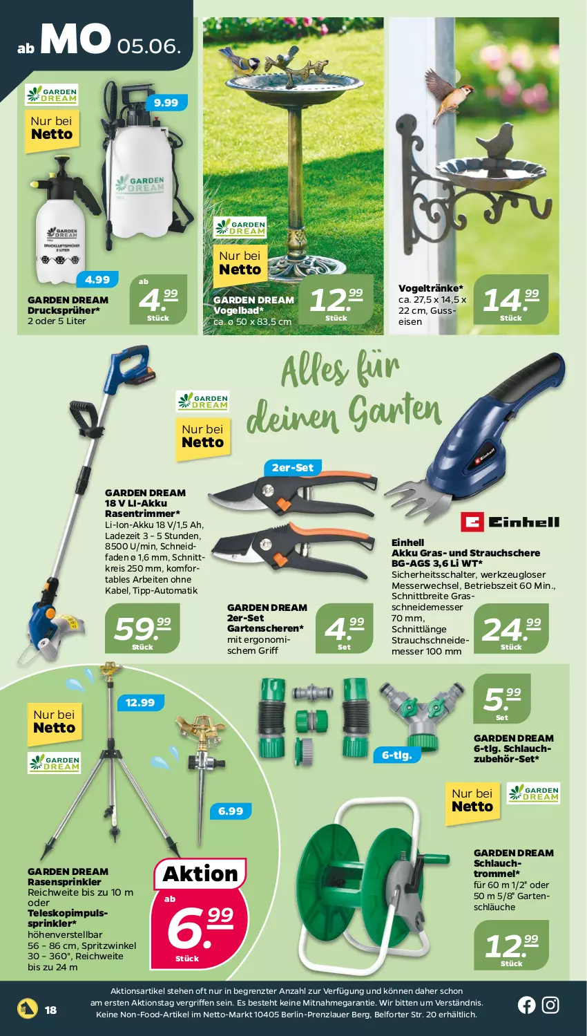 Aktueller Prospekt Netto - Woche 23 - von 05.06 bis 10.06.2023 - strona 18 - produkty: akku, auer, auto, Bad, Brei, einhell, eis, Garten, Gartenschere, LG, li-ion-akku, messer, rasen, rasentrimmer, Rauch, reis, rwe, Schal, Schere, schlauch, schläuche, Schlauchzubehör, Strauchschere, Teleskop, Ti, trommel, werkzeug, ZTE