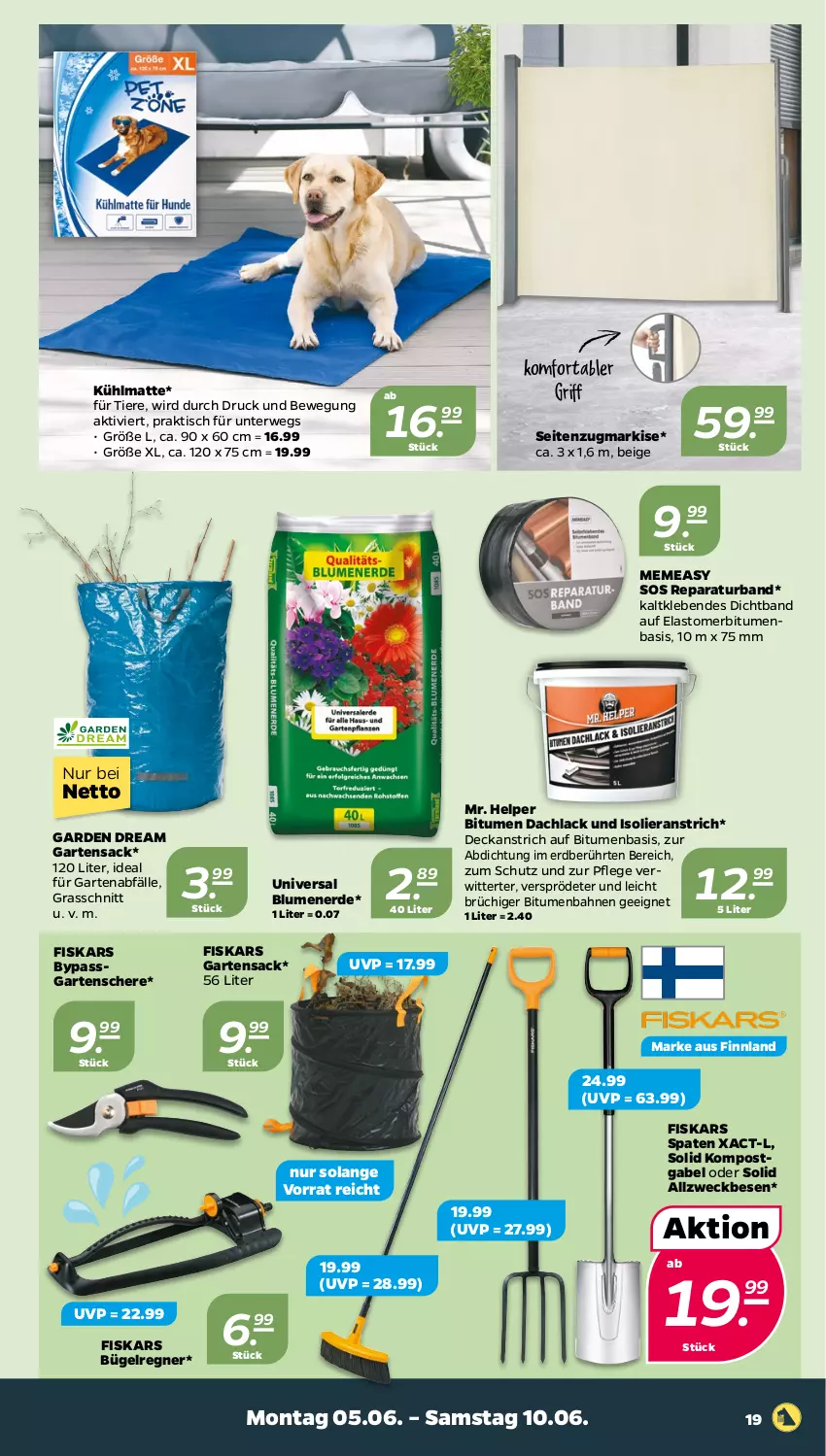 Aktueller Prospekt Netto - Woche 23 - von 05.06 bis 10.06.2023 - strona 19 - produkty: blume, blumen, blumenerde, bügel, erde, fiskars, gabel, Garten, Gartensack, Gartenschere, lack, rwe, sac, Schere, Spaten, Ti, Tiere, tisch, weck