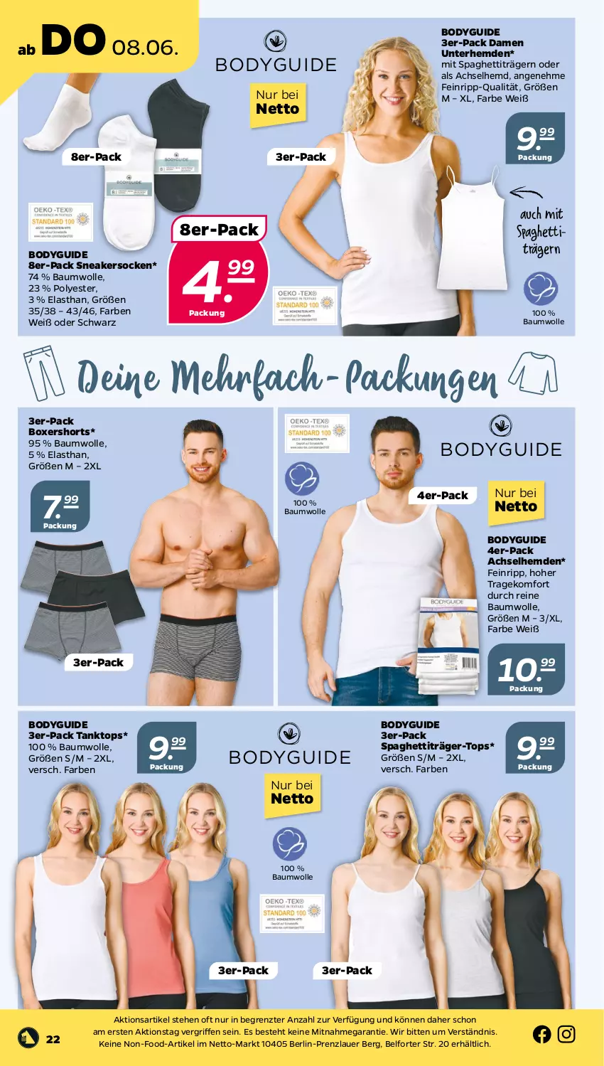 Aktueller Prospekt Netto - Woche 23 - von 05.06 bis 10.06.2023 - strona 22 - produkty: achselhemd, auer, Bau, baumwolle, body, hemd, hemden, reine baumwolle, shorts, sneaker, sneakersocken, socken, spaghetti, tanktop, Ti, Unterhemd, unterhemden, wolle, ZTE