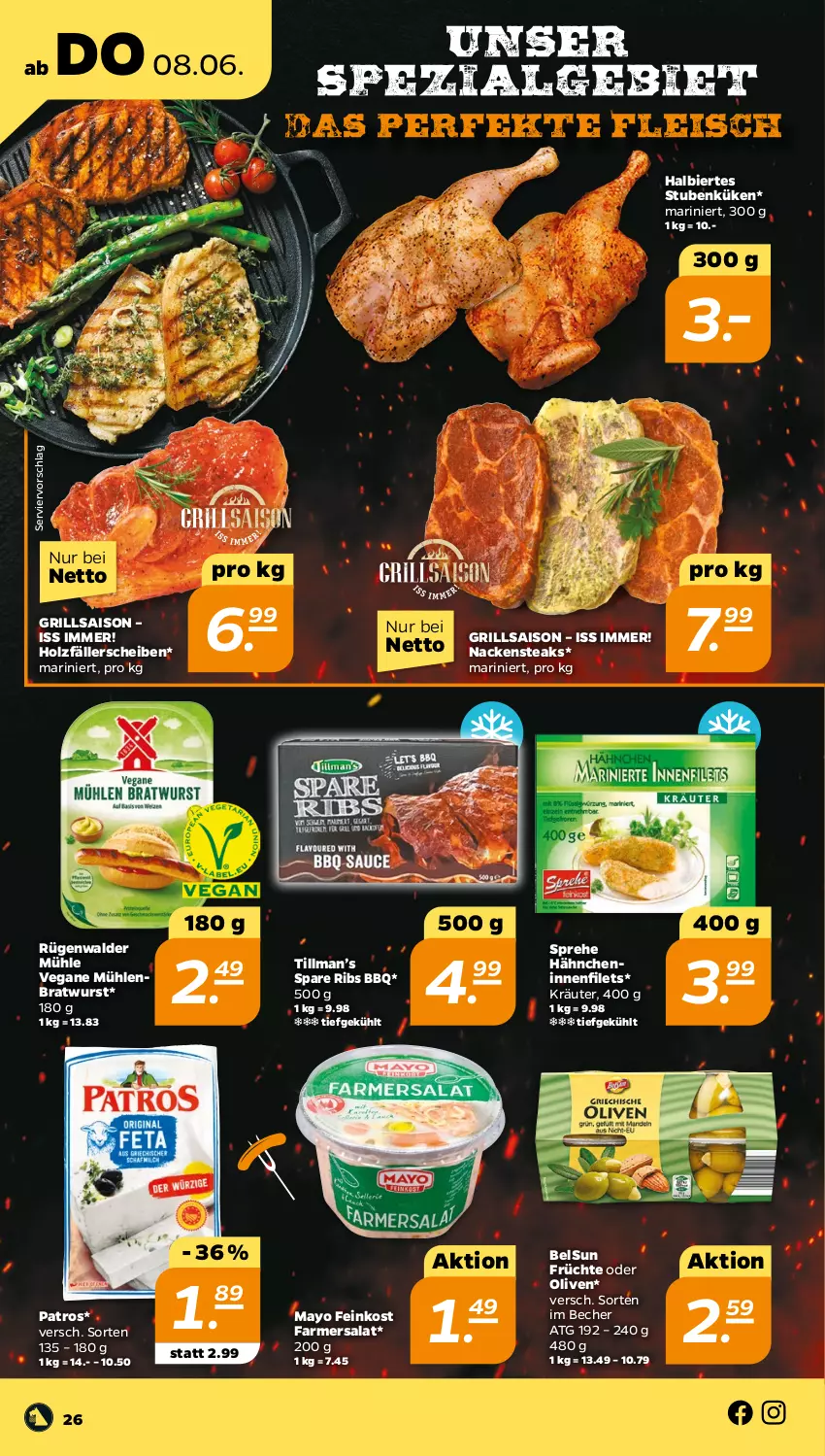 Aktueller Prospekt Netto - Woche 23 - von 05.06 bis 10.06.2023 - strona 26 - produkty: Becher, bier, bratwurst, eis, feinkost, filet, filets, fleisch, früchte, grill, Holz, kräuter, LG, Nackensteak, nackensteaks, olive, oliven, patros, rügenwalder, rügenwalder mühle, salat, spare ribs, Spezi, steak, steaks, stube, Ti, wurst, Yo