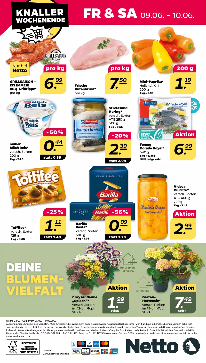 Aktueller Prospekt Netto - Woche 23 - von 05.06 bis 10.06.2023 - strona 28 - produkty: alle artikel ohne dekoration, angebot, barilla, blume, blumen, dekoration, Dorade, dorade royal, eis, elle, femeg, früchte, Garten, grill, grillrippe, hering, hortensie, milch, Müller, paprika, pasta, pute, putenbrust, reis, rel, ring, Ti, toffifee, topf