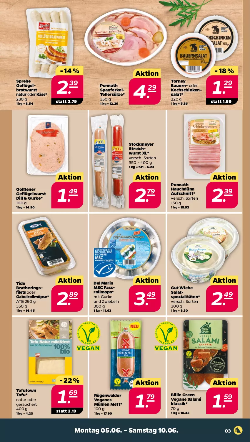 Aktueller Prospekt Netto - Woche 23 - von 05.06 bis 10.06.2023 - strona 3 - produkty: auer, aufschnitt, Bau, Bauer, bratwurst, elle, filet, filets, gabel, Geflügel, gurke, hering, Herings, heringsfilets, Käse, kochschinken, Mett, natur, ponnath, ring, rügenwalder, salami, salat, schinken, Spezi, stockmeyer, teller, Ti, Tofu, wurst, zwiebel, zwiebeln