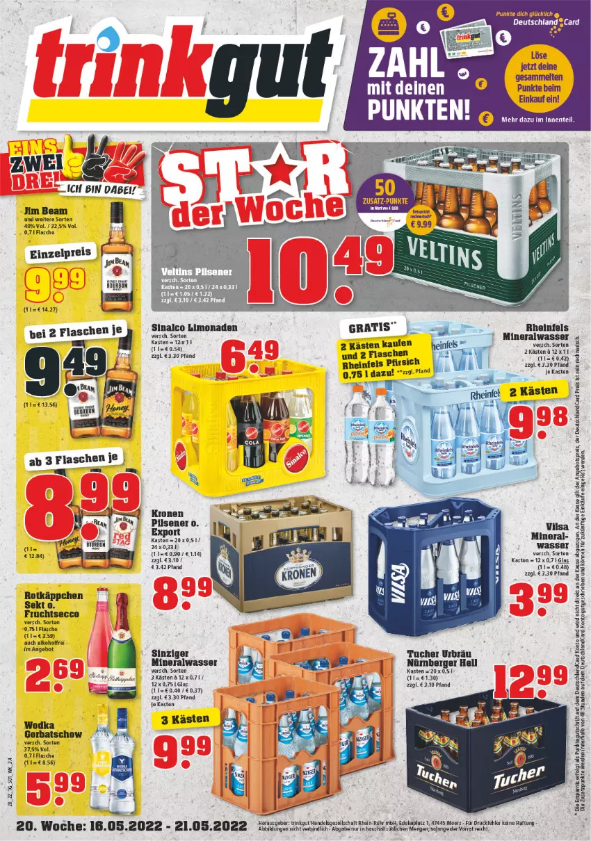 Aktueller Prospekt Trinkgut - von 16.05 bis 21.05.2022 - strona 1 - produkty: alkohol, Alwa, angebot, angebotspreis, Berger, deka, deutschlandcard, ecco, eis, ente, erde, flasche, frucht, fruchtsecco, Gorbatschow, jim beam, krone, LG, limo, limonade, limonaden, mineralwasser, ndk, nürnberger, pfirsich, pils, pilsener, reis, rotkäppchen, sekt, sinalco, Ti, tuc, Tucher, uhr, vilsa, wasser, wodka