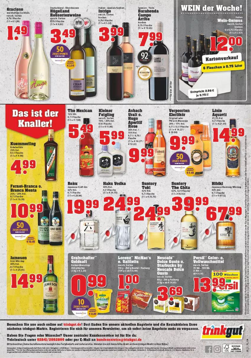 Aktueller Prospekt Trinkgut - von 16.05 bis 21.05.2022 - strona 4 - produkty: angebot, angebote, aqua, aquavit, beutel, cocktail, cocktails, deutschland card, deutschlandcard, dolce gusto, eier, eierlikör, elle, erde, Fernet, flasche, gin, goldsaft, gracioso, hugo, irish whiskey, jameson, kräuter, kräuterlikör, kuemmerling, leine, lieferservice, likör, lorenz, maracuja, merl, nescafe, nuss, persil, pfirsich, saft, starbucks, tee, telefon, Ti, uhr, verpoorten, vodka, vollwaschmittel, waschmittel, wein, weine, whiskey, whisky, ZTE