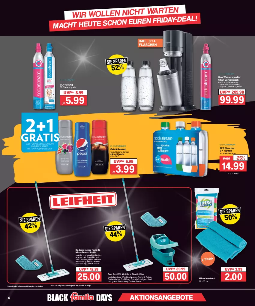 Aktueller Prospekt Famila - Prospekte - von 30.10 bis 04.11.2023 - strona 4 - produkty: angebot, angebote, bodenwischer, eis, elle, flasche, getränk, getränke, getränkesirup, glasflasche, Heu, HP, mac, mikrofaser, pet-flasche, reis, sirup, teller, Ti, tuc, wasser, wassersprudler, Wischtuchpresse, ZTE