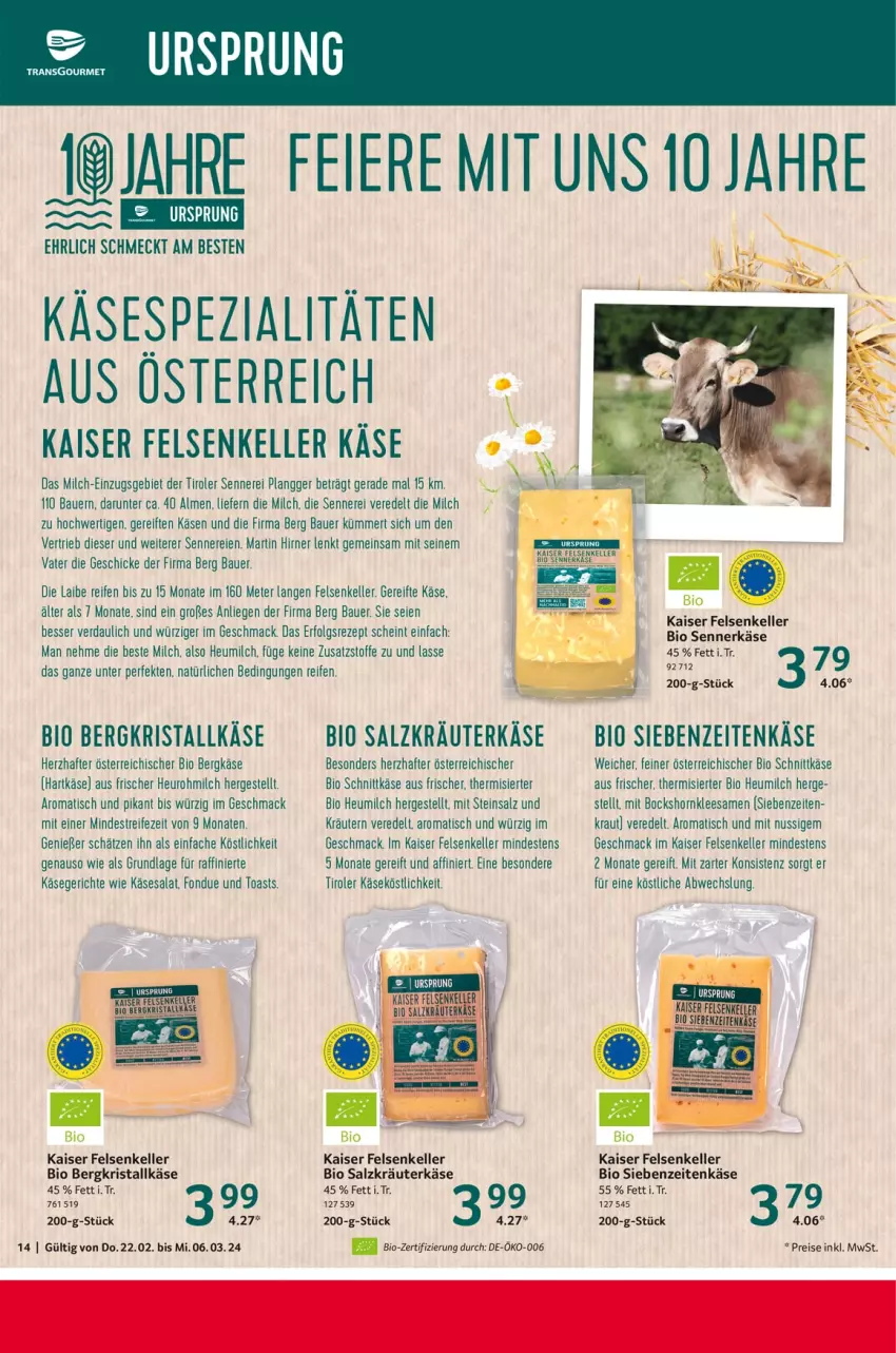 Aktueller Prospekt Selgros - Food - von 22.02 bis 28.02.2024 - strona 14 - produkty: auer, Bau, Bauer, Bergkäse, bio, eier, eis, elle, Fondue, hartkäse, Heu, heumilch, Kaiser, Käse, Kraut, kräuter, kräutern, LG, Liege, mac, milch, nuss, reifen, reis, rezept, salat, salz, schnittkäse, Spezi, Ti, tisch, toast