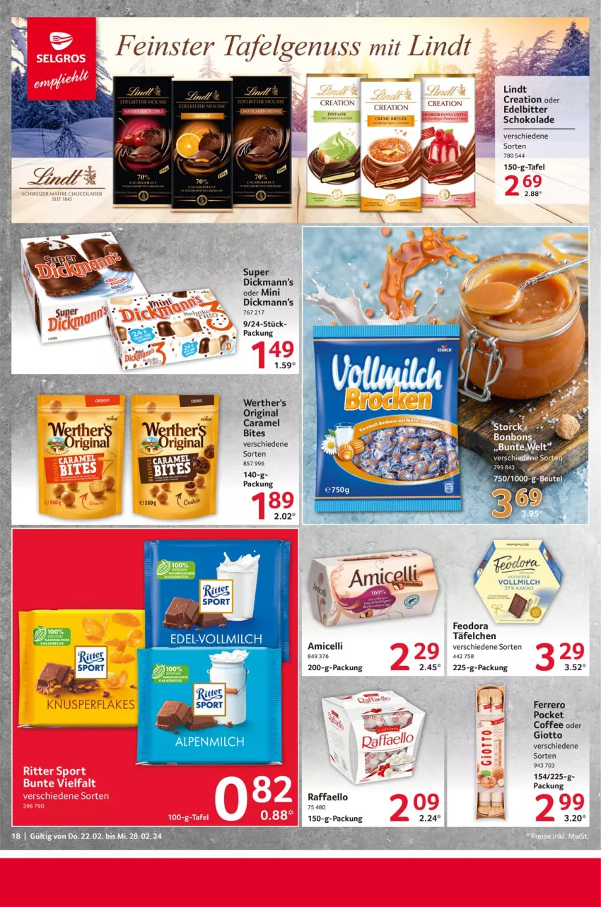 Aktueller Prospekt Selgros - Food - von 22.02 bis 28.02.2024 - strona 18 - produkty: amicelli, bites, caramel, creme, ferrero, gin, giotto, lindt, schoko, schokolade, Ti, werther's, Yo