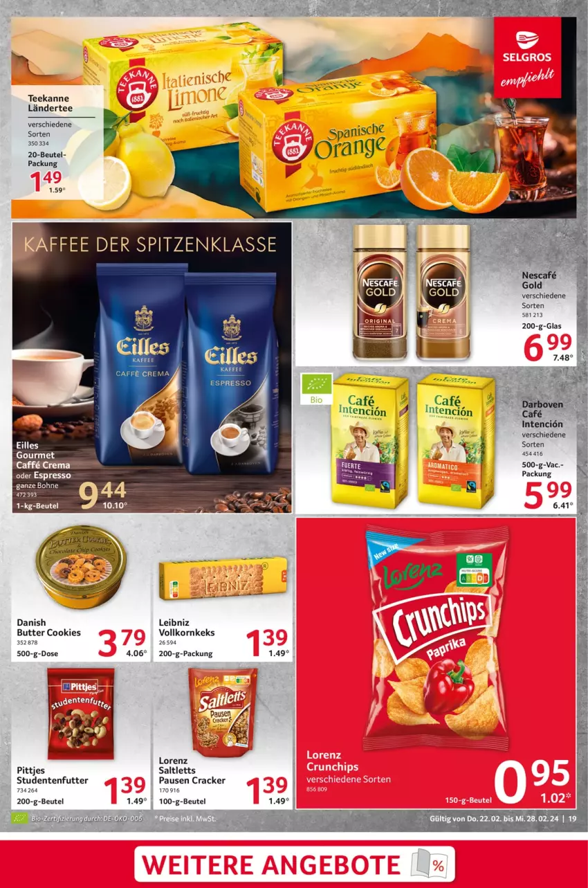 Aktueller Prospekt Selgros - Food - von 22.02 bis 28.02.2024 - strona 19 - produkty: beutel, bohne, butter, caffe, cookie, cookies, cracker, eilles gourmet, ente, espresso, kaffee, keks, korn, Ländertee, leibniz, lorenz, oder espresso, saltletts, studentenfutter, tee, teekanne