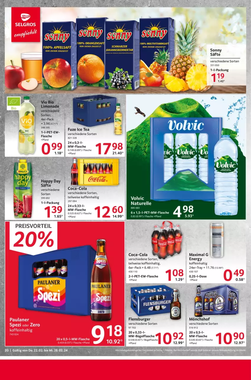 Aktueller Prospekt Selgros - Food - von 22.02 bis 28.02.2024 - strona 20 - produkty: apfel, apfelsaft, bügel, bügelflasche, burger, coca-cola, cola, eis, elle, flasche, flensburger, Happy Day, ice tea, limette, limo, limonade, Mett, mönchshof, mw-flasche, natur, rel, saft, säfte, Ti, volvic, zucker