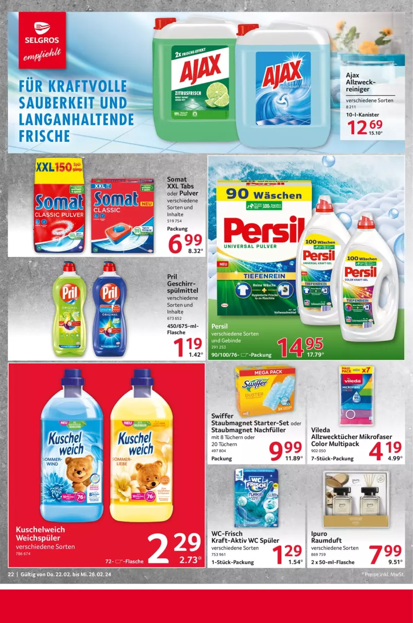 Aktueller Prospekt Selgros - Food - von 22.02 bis 28.02.2024 - strona 22 - produkty: ajax, Allzwecktücher, flasche, geschirr, Ipuro, kraft, persil, pril, Raumduft, reiniger, somat, spülmittel, staubmagnet, swiffer, Ti, tücher, vileda, weck, weichspüler