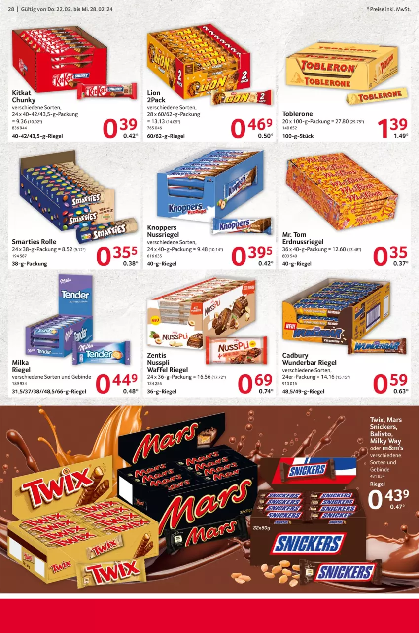 Aktueller Prospekt Selgros - Food - von 22.02 bis 28.02.2024 - strona 28 - produkty: balisto, eis, erdnuss, kitkat, knoppers, mars, nuss, nusspli, nussriegel, reis, riegel, smarties, snickers, Ti, toblerone, twix, WICK, zentis