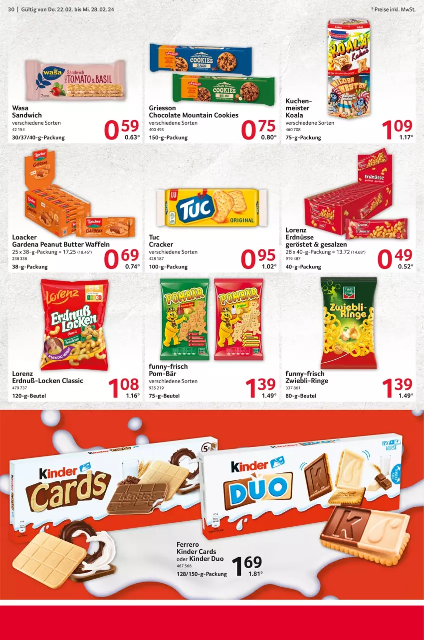 Aktueller Prospekt Selgros - Food - von 22.02 bis 28.02.2024 - strona 30 - produkty: beutel, butter, cola, cookie, cookies, cracker, eis, erdnüsse, ferrero, funny-frisch, gardena, gin, griesson, Kinder, kuchen, lorenz, Meister, peanut butter, pom-bär, reis, ring, salz, sandwich, Ti, tuc, waffeln, wasa