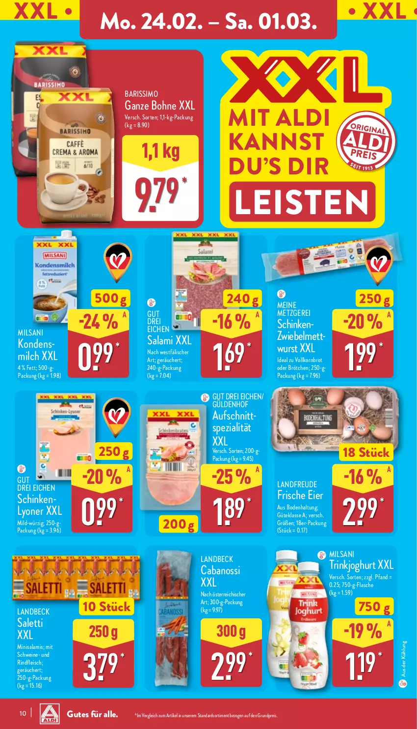 Aktueller Prospekt Aldi Nord - Von Montag - von 24.02 bis 01.03.2025 - strona 10 - produkty: aldi, aufschnitt, bohne, brot, brötchen, Cabanossi, eier, eis, flasche, fleisch, joghur, joghurt, kondensmilch, korn, Kornbrot, lyoner, Mett, mettwurst, milch, reis, rind, rindfleisch, salami, schinken, sim, Spezi, Ti, vollkornbrot, wurst, Yo, zwiebel, zwiebelmettwurst