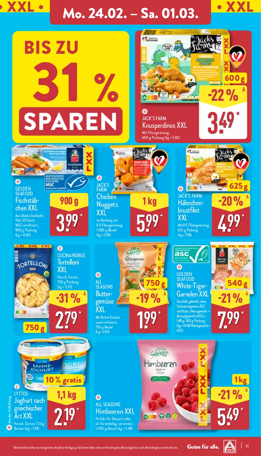 Aktueller Prospekt Aldi Nord - Von Montag - von 24.02 bis 01.03.2025 - strona 11 - produkty: Alaska-Seelachs, aus der tiefkühlung, Becher, beere, beeren, beutel, brustfilet, butter, chicken nuggets, cin, dessert, desserts, filet, fisch, fischstäbchen, garnelen, gin, hähnchenbrust, hähnchenbrustfilet, himbeer, himbeere, himbeeren, joghur, joghurt, joghurt nach, kräuter, lachs, nuggets, sauce, Ti, torte, tortelloni, ZTE