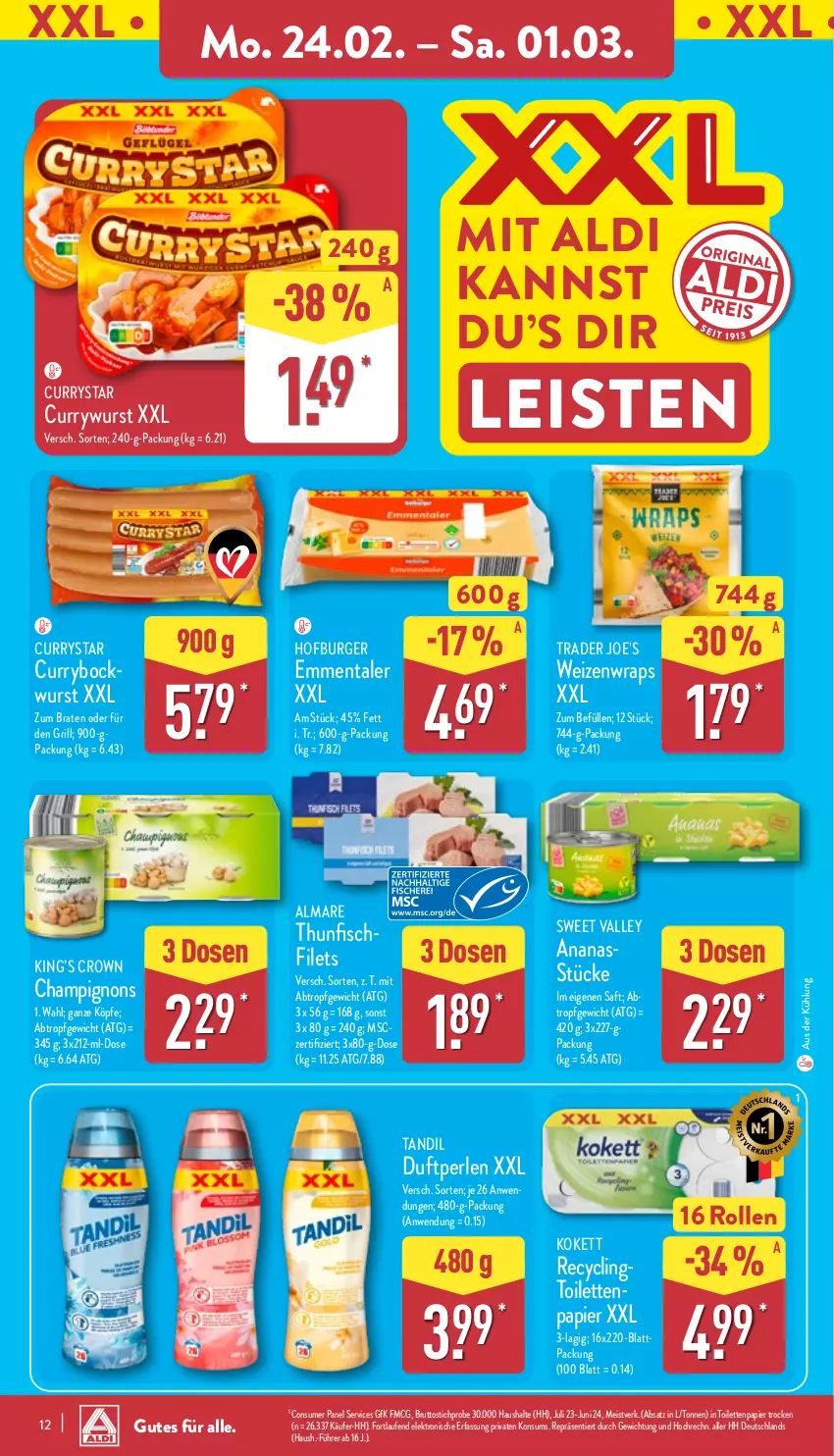 Aktueller Prospekt Aldi Nord - Von Montag - von 24.02 bis 01.03.2025 - strona 12 - produkty: aldi, almare, ananas, Ananasstücke, bockwurst, braten, brut, burger, champignon, champignons, Clin, curry, currywurst, eis, Elektro, emmentaler, filet, filets, fisch, grill, HP, Laufen, papier, perlen, saft, thunfisch, Ti, toilettenpapier, wrap, wraps, wurst