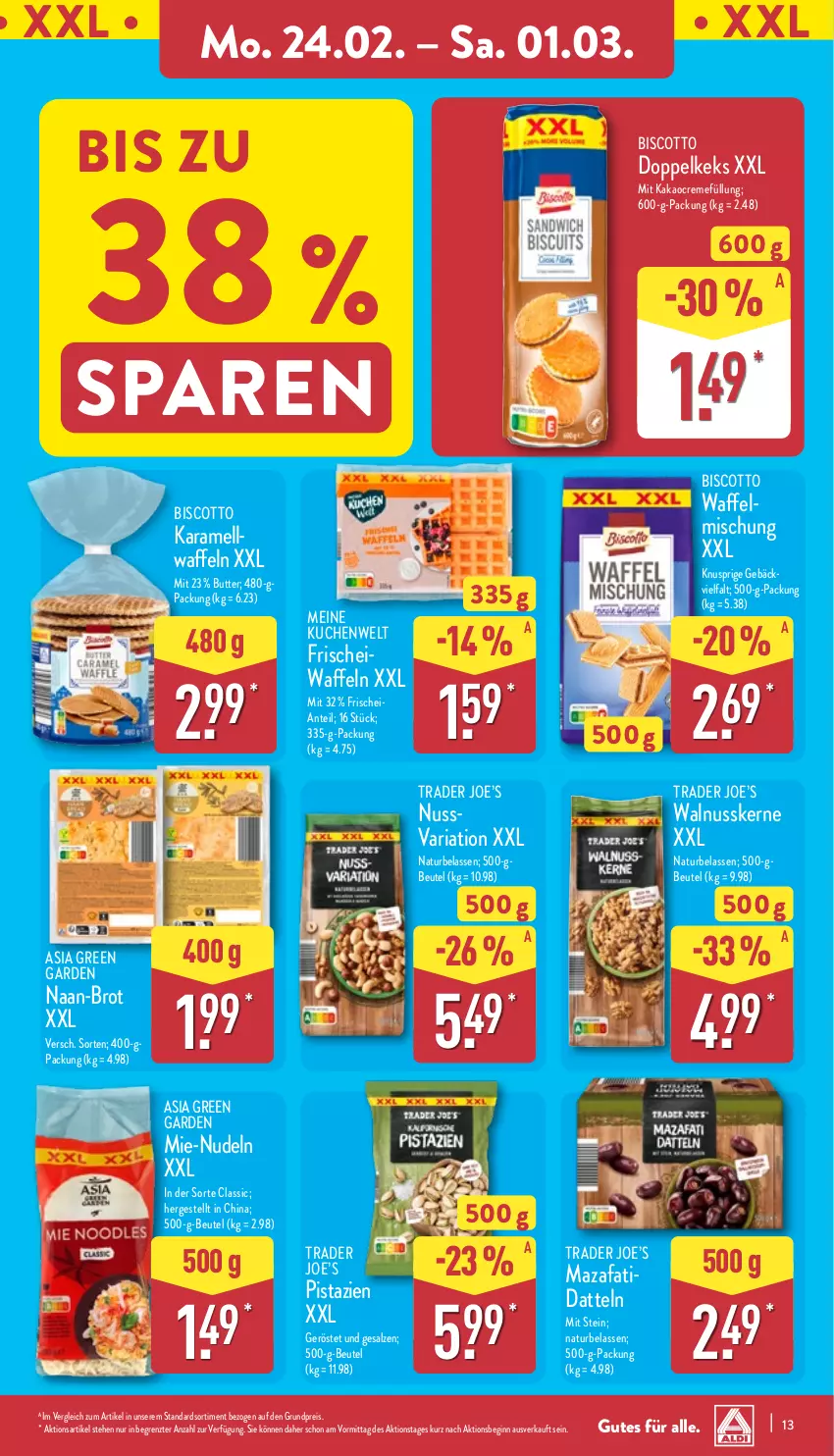 Aktueller Prospekt Aldi Nord - Von Montag - von 24.02 bis 01.03.2025 - strona 13 - produkty: Asia Green Garden, beutel, biscotto, brot, butter, creme, Datteln, eis, gin, kakao, karamell, keks, kuchen, natur, nudel, nudeln, nuss, pistazien, reis, Ria, salz, Ti, waffeln, walnuss, walnusskerne, ZTE