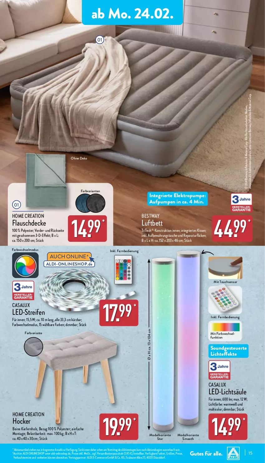 Aktueller Prospekt Aldi Nord - Von Montag - von 24.02 bis 01.03.2025 - strona 15 - produkty: aldi, bestway, bett, decke, dell, eis, Elektro, fernbedienung, gin, hocker, Holz, kissen, led-licht, luftbett, Mode, ndk, reifen, reis, Ria, Schal, Schale, Tasche, Ti, ZTE