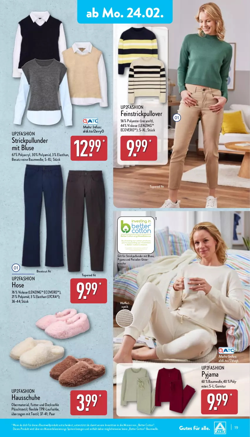 Aktueller Prospekt Aldi Nord - Von Montag - von 24.02 bis 01.03.2025 - strona 19 - produkty: aldi, Bau, baumwolle, bett, bluse, decksohle, ecovero, eis, garnitur, Hausschuhe, hose, lenzing, Plüsch, Pullover, Pyjama, reine baumwolle, Ria, rwe, schuhe, Strickpullover, Ti, Unterwäsche, up2fashion, wolle