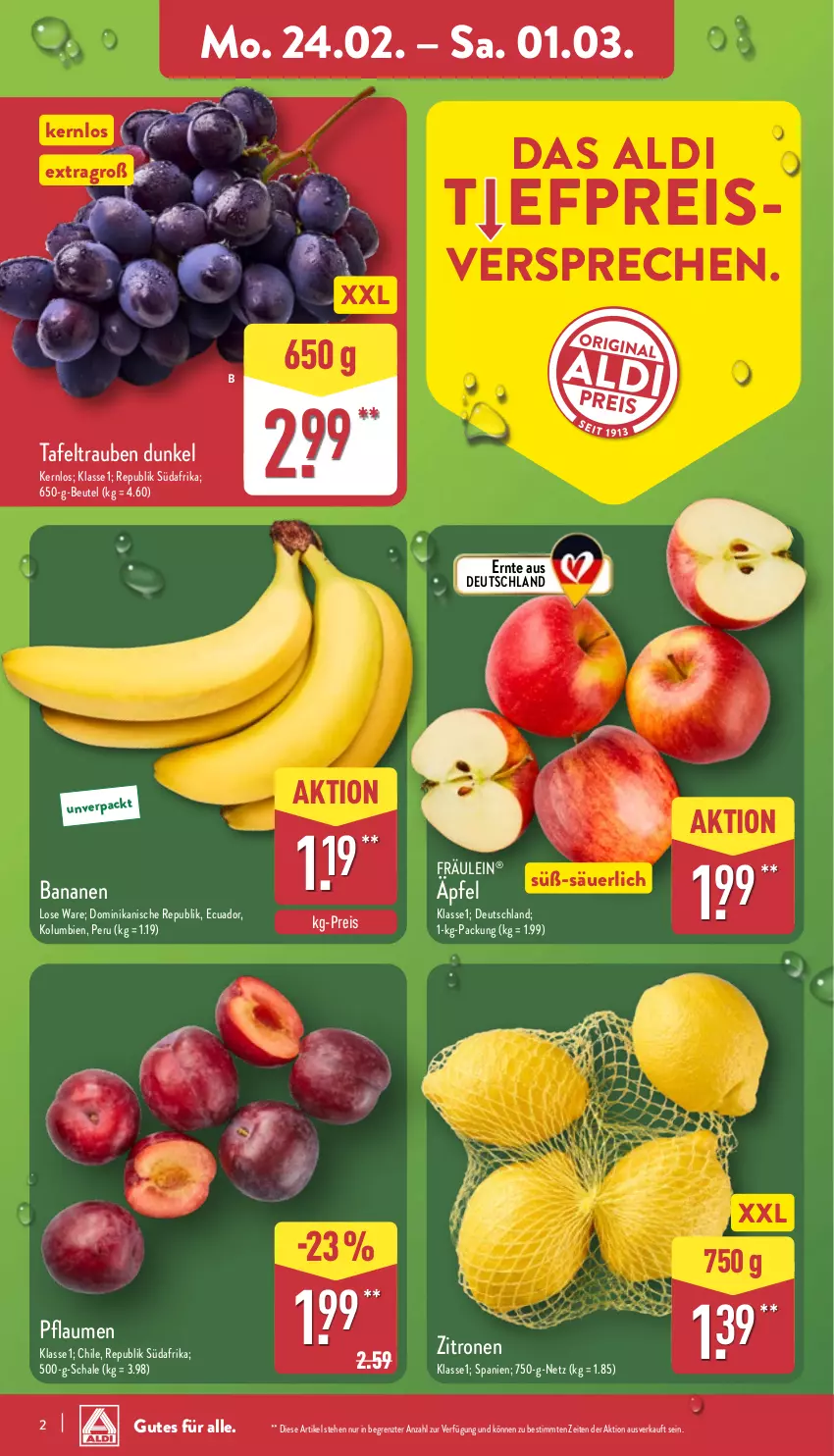 Aktueller Prospekt Aldi Nord - Von Montag - von 24.02 bis 01.03.2025 - strona 2 - produkty: aldi, banane, bananen, beutel, eis, pflaume, pflaumen, reis, Schal, Schale, tafeltrauben, Ti, trauben, zitrone, zitronen, ZTE