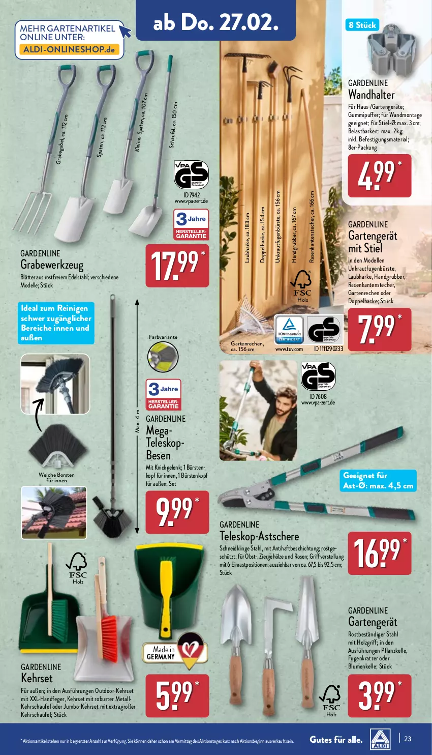 Aktueller Prospekt Aldi Nord - Von Montag - von 24.02 bis 01.03.2025 - strona 23 - produkty: aldi, blume, blumen, bürste, bürsten, dell, edelstahl, elle, Fugenbürste, Garten, Germ, gin, Holz, jumbo, Kraut, leine, Mode, obst, rasen, Ria, rosen, Schere, Spaten, Teleskop, Ti, werkzeug, ZTE