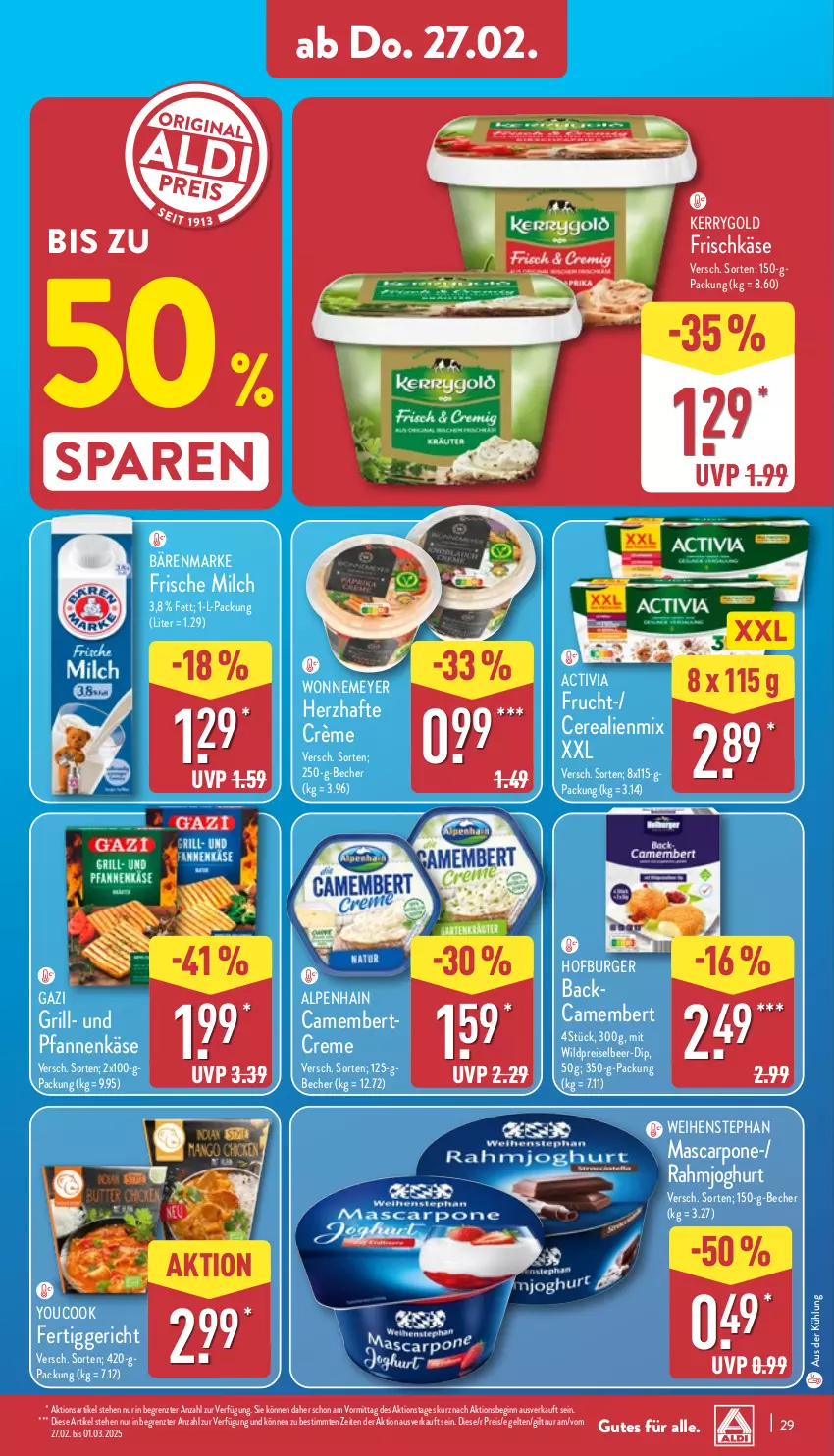 Aktueller Prospekt Aldi Nord - Von Montag - von 24.02 bis 01.03.2025 - strona 29 - produkty: activia, Alpenhain, bärenmarke, Becher, burger, camembert, creme, dip, eis, fertiggericht, frische milch, frischkäse, frucht, gin, grill, joghur, joghurt, Käse, kerrygold, mascarpone, milch, pfanne, pfannen, pfannenkäse, rahmjoghurt, reis, Ti, und pfanne, weihenstephan, Wild, Yo, YouCook, ZTE