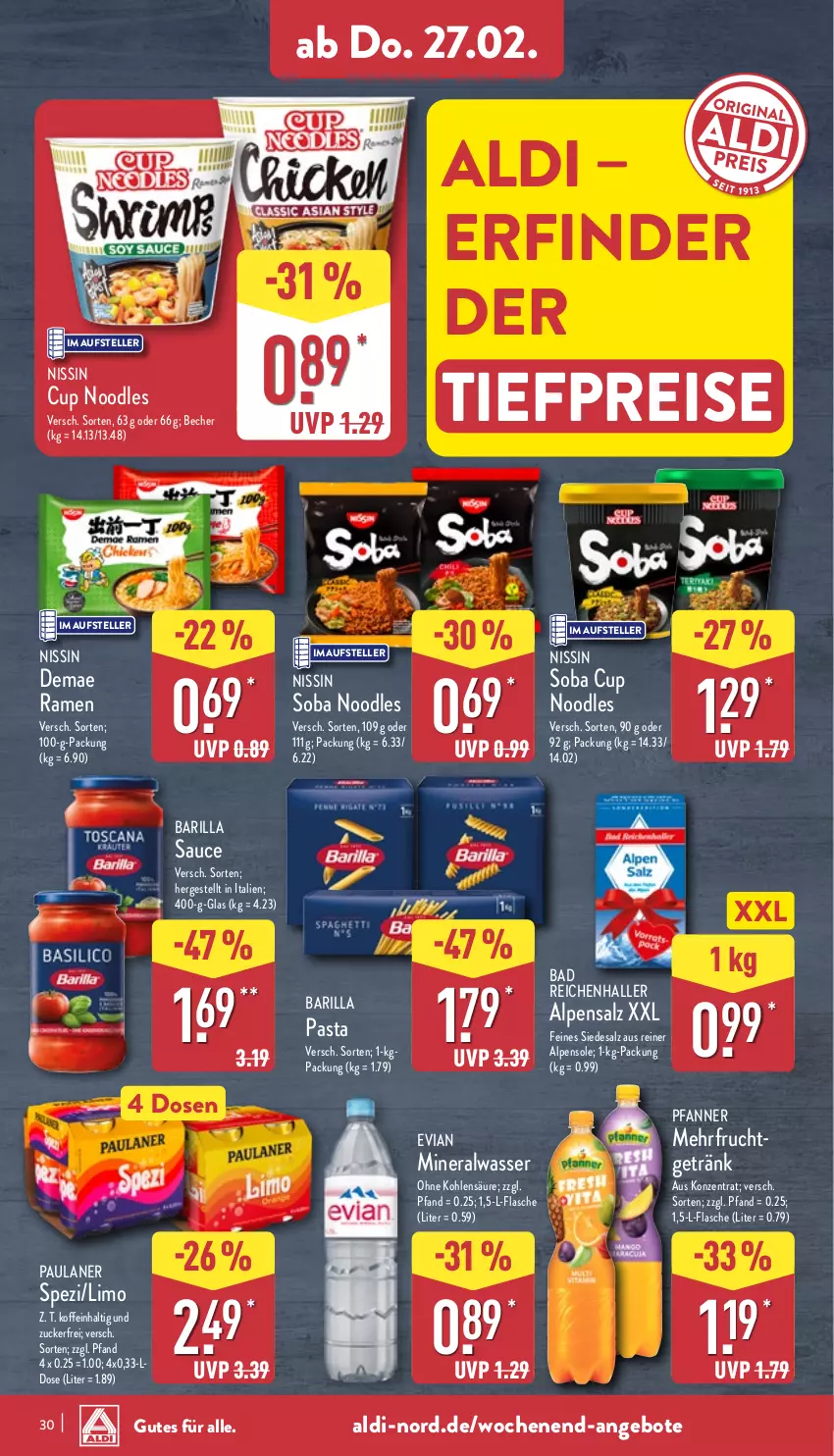 Aktueller Prospekt Aldi Nord - Von Montag - von 24.02 bis 01.03.2025 - strona 30 - produkty: aldi, Alwa, angebot, angebote, Bad, barilla, Becher, eis, elle, flasche, frucht, getränk, limo, mineralwasser, Nissin, pasta, Paula, paulaner, pfanne, Pfanner, reis, salz, sauce, Spezi, teller, Ti, tiefpreis, wasser, zucker