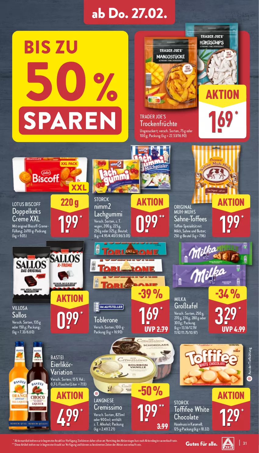 Aktueller Prospekt Aldi Nord - Von Montag - von 24.02 bis 01.03.2025 - strona 31 - produkty: alkohol, aus der tiefkühlung, beutel, biscoff, butter, cola, creme, cremissimo, eier, eierlikör, elle, flasche, früchte, gin, haselnuss, karamell, keks, lachgummi, langnese, langnese cremissimo, likör, milch, milka, nimm2, nuss, Ria, sahne, sim, Spezi, storck, teller, Ti, toblerone, toffifee, Trockenfrüchte, white chocolate, ZTE, zucker