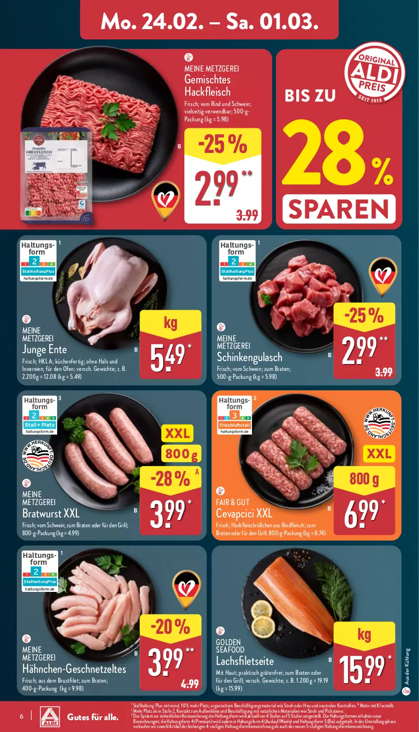 Aktueller Prospekt Aldi Nord - Von Montag - von 24.02 bis 01.03.2025 - strona 6 - produkty: bio, braten, bratwurst, brustfilet, cevapcici, eis, ente, filet, filets, fleisch, grill, gulasch, hackfleisch, Heu, küche, Küchen, lachs, lachsfilet, lachsfilets, Ofen, Ria, rind, rindfleisch, rwe, schinken, schwein, Ti, tisch, wein, wurst, Zelt