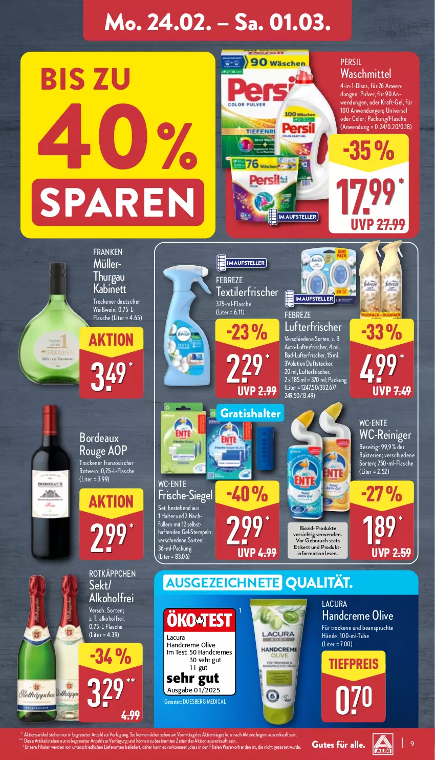 Aktueller Prospekt Aldi Nord - Von Montag - von 24.02 bis 01.03.2025 - strona 9 - produkty: alkohol, auto, Bad, bio, creme, eis, elle, ente, erde, febreze, flasche, gin, handcreme, kabinett, kraft, lufterfrischer, Müller, olive, persil, Rauch, reiniger, reis, rotkäppchen, rotwein, rouge, rwe, sekt, teller, Textilerfrischer, Ti, tiefpreis, waschmittel, wc-reiniger, wein, Weißwein, ZTE