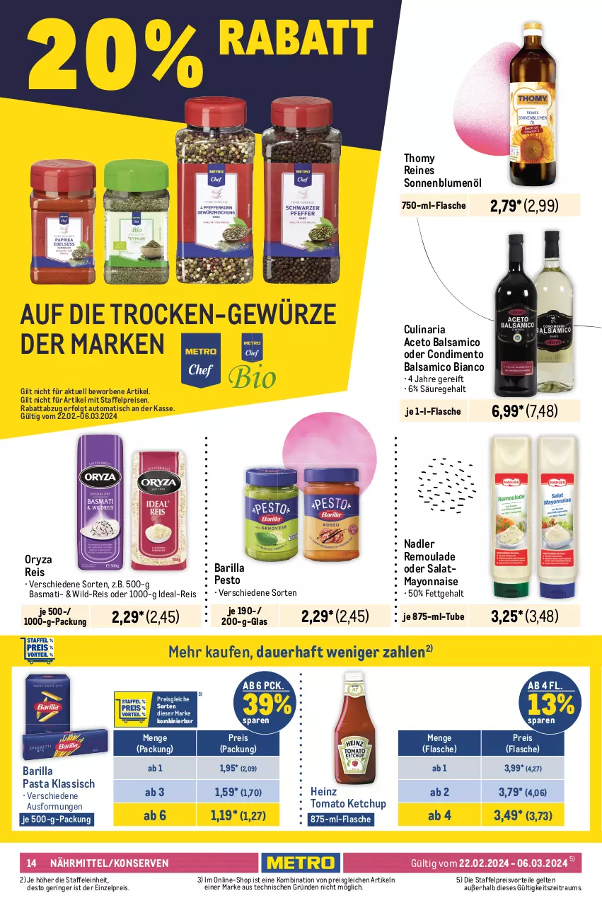 Aktueller Prospekt Metro - Food - NonFood - von 22.02 bis 06.03.2024 - strona 14 - produkty: aceto, aceto balsamico, auer, auto, balsam, balsamico, balsamico bianco, barilla, basmati, Becher, beutel, blume, blumen, blumenöl, condimento, culinaria, eintöpfe, eis, erasco, filet, filets, flasche, gewürz, Gewürzgurke, gewürzgurken, gurke, gurken, heinz, hering, Herings, heringsfilets, ketchup, knorr, knorr fix, Konserven, Kühne, LG, maggi, mayonnaise, Metro, nadler, oro di parma, oryza, pasta, pesto, preisvorteil, reis, remoulade, Ria, ring, salat, salate, sonnenblume, sonnenblumen, sonnenblumenöl, spreewald-feldmann, suppe, suppen, terrine, thomy, Ti, tisch, tomate, tomaten, tomato ketchup, Wild, Yo