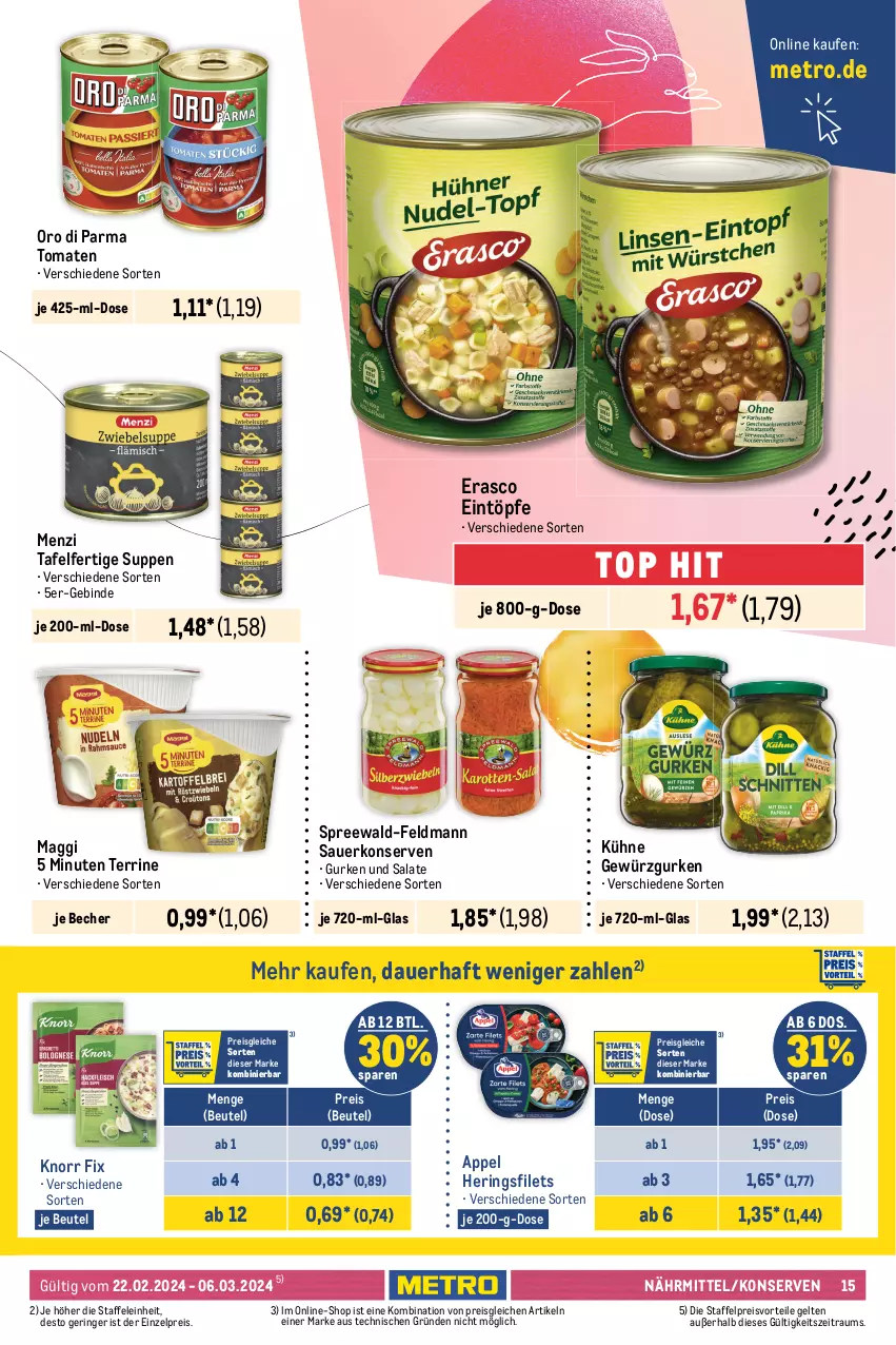 Aktueller Prospekt Metro - Food - NonFood - von 22.02 bis 06.03.2024 - strona 15 - produkty: aceto, aceto balsamico, auer, auto, balsam, balsamico, balsamico bianco, barilla, basmati, Becher, beutel, blume, blumen, blumenöl, condimento, culinaria, eintöpfe, eis, erasco, filet, filets, flasche, gewürz, Gewürzgurke, gewürzgurken, gurke, gurken, heinz, hering, Herings, heringsfilets, ketchup, knorr, knorr fix, Konserven, Kühne, LG, maggi, mayonnaise, Metro, nadler, oro di parma, oryza, pasta, pesto, preisvorteil, reis, remoulade, Ria, ring, salat, salate, sonnenblume, sonnenblumen, sonnenblumenöl, spreewald-feldmann, suppe, suppen, terrine, thomy, Ti, tisch, tomate, tomaten, tomato ketchup, Wild, Yo