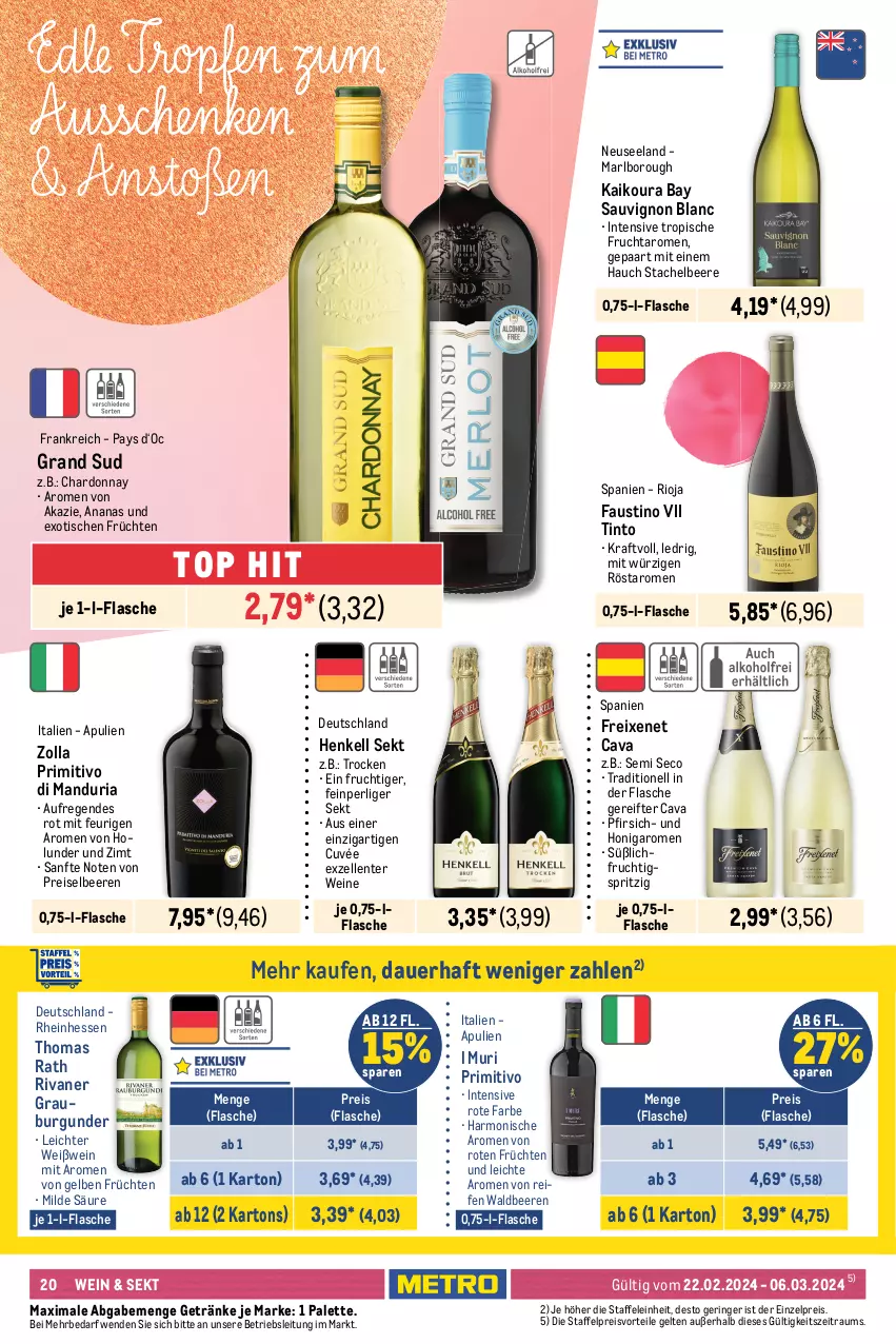 Aktueller Prospekt Metro - Food - NonFood - von 22.02 bis 06.03.2024 - strona 20 - produkty: amaro, ananas, aperitivo rosato, auer, aust, beere, beeren, berliner, berliner luft, burgunder, Cava, chardonnay, cola, cuvée, dry gin, eier, eierlikör, eis, Elan, elle, ente, flasche, freixenet, frucht, früchte, früchten, getränk, getränke, gin, grand sud, grauburgunder, henkel, henkell, henkell sekt, holunder, honig, jack daniel, kraft, licor, licor 43, likör, maracuja, Metro, ouzo, Palette, pfeffer, pfefferminzlikör, pfirsich, preisvorteil, primitivo, rama, ramazzott, ramazzotti, reifen, reis, Ria, ring, rioja, Rivaner, rosato, sauvignon, sauvignon blanc, sekt, single malt, spirituosen, Ti, tisch, verpoorten, wein, weine, Weißwein, whisky, zott