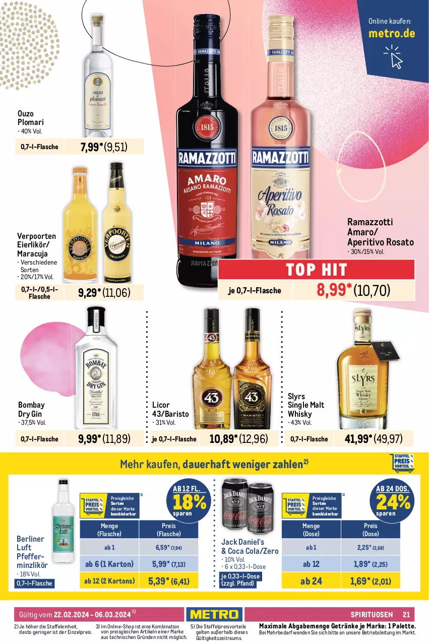 Aktueller Prospekt Metro - Food - NonFood - von 22.02 bis 06.03.2024 - strona 21 - produkty: amaro, ananas, aperitivo rosato, auer, aust, beere, beeren, berliner, berliner luft, burgunder, Cava, chardonnay, cola, cuvée, dry gin, eier, eierlikör, eis, Elan, elle, ente, flasche, freixenet, frucht, früchte, früchten, getränk, getränke, gin, grand sud, grauburgunder, henkel, henkell, henkell sekt, holunder, honig, jack daniel, kraft, licor, licor 43, likör, maracuja, Metro, ouzo, Palette, pfeffer, pfefferminzlikör, pfirsich, preisvorteil, primitivo, rama, ramazzott, ramazzotti, reifen, reis, Ria, ring, rioja, Rivaner, rosato, sauvignon, sauvignon blanc, sekt, single malt, spirituosen, Ti, tisch, verpoorten, wein, weine, Weißwein, whisky, zott