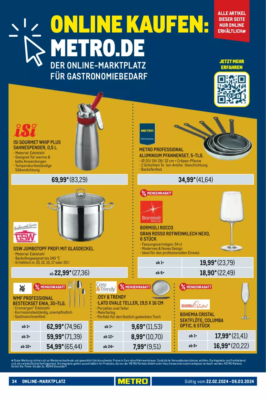 Aktueller Prospekt Metro - Food - NonFood - von 22.02 bis 06.03.2024 - strona 34 - produkty: angebot, angebote, backofen, besteck, besteckset, decke, Deckel, edelstahl, eis, elle, erde, Glasdeckel, gsw, jumbo, LG, Metro, Mode, ndk, Ofen, pfanne, pfannen, Rauch, reis, Ria, rotwein, rwe, sahne, sekt, spülmaschinen, teller, Ti, tisch, topf, wein, WMF