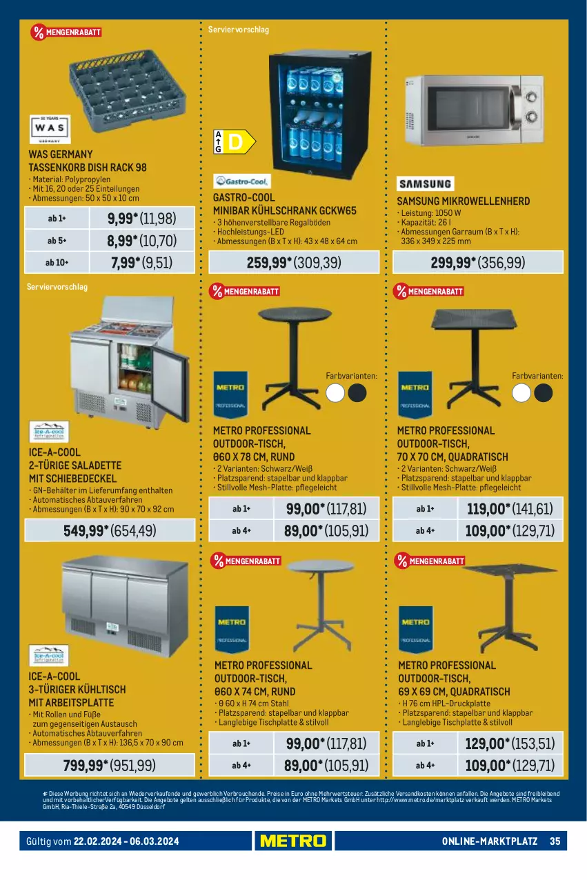 Aktueller Prospekt Metro - Food - NonFood - von 22.02 bis 06.03.2024 - strona 35 - produkty: angebot, angebote, arbeitsplatte, aust, auto, Behälter, decke, Deckel, eis, elle, erde, garraum, Germ, HP, korb, kühlschrank, latte, Metro, mikrowelle, ndk, quad, Rauch, regal, reis, Ria, rum, rwe, Samsung, Schrank, tasse, Ti, tisch, tischplatte