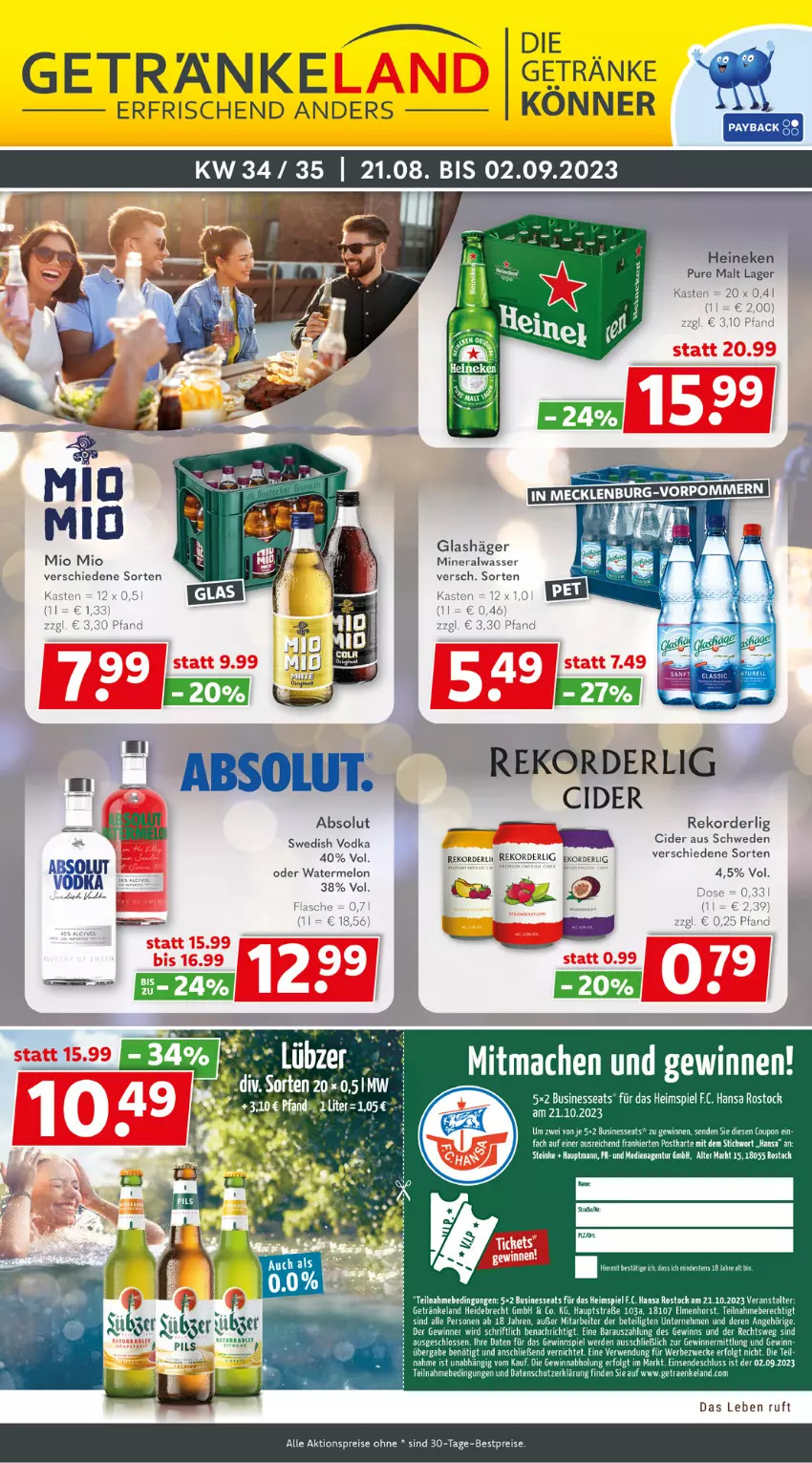 Aktueller Prospekt Getraenkeland - von 21.08 bis 02.09.2023 - strona 1 - produkty: aktionspreis, Alwa, bestpreis, bestpreise, bett, cider, coupon, eis, Elan, erde, flasche, getränk, getränke, gewinnspiel, heineken, LG, mineralwasser, Mio Mio, pils, reis, rel, rwe, tee, Ti, vodka, wasser, weck