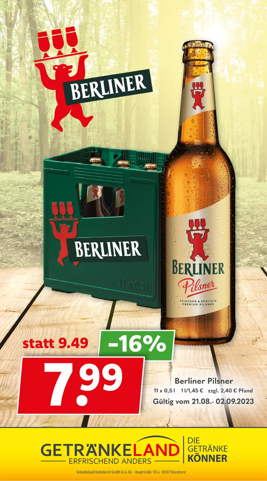 Aktueller Prospekt Getraenkeland - von 21.08 bis 02.09.2023 - strona 10 - produkty: berliner, Elan, getränk, getränke, pils, pilsner, premium pils, Ti