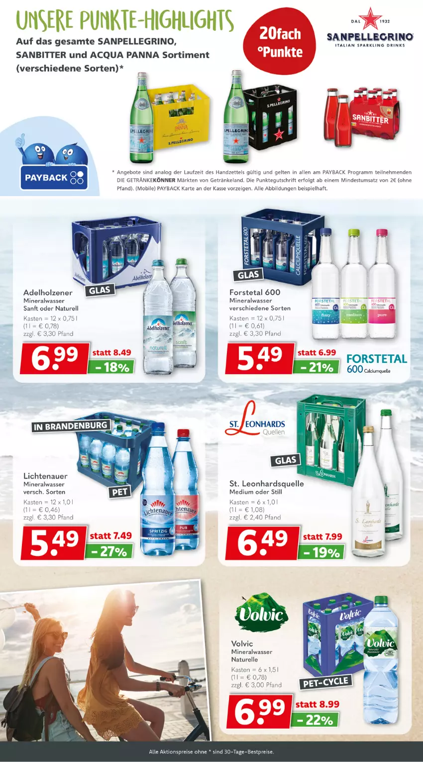 Aktueller Prospekt Getraenkeland - von 21.08 bis 02.09.2023 - strona 6 - produkty: adelholzener, aktionspreis, Alwa, angebot, angebote, auer, bestpreis, bestpreise, drink, drinks, eis, Elan, elle, Forstetal, getränk, getränke, Holz, LG, lichtenauer, mineralwasser, natur, payback, reis, rel, sanpellegrino, Ti, volvic, wasser