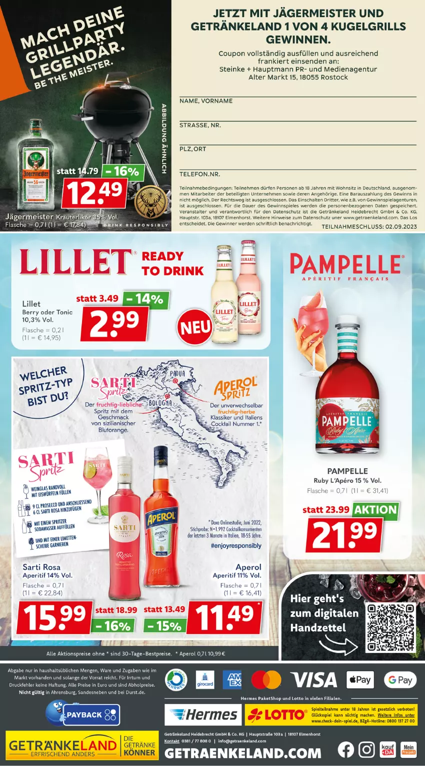 Aktueller Prospekt Getraenkeland - von 21.08 bis 02.09.2023 - strona 8 - produkty: abholpreise, aktionspreis, aperitif, aperol, auer, bestpreis, bestpreise, Blutorange, cocktail, coupon, ecco, eis, eiswürfel, Elan, elle, ente, erde, flasche, garnier, Germ, getränk, getränke, gewinnspiel, grill, HP, jägermeister, kräuter, kräuterlikör, Kugel, kugelgrill, LG, likör, lillet, limette, limetten, mac, Meister, Mett, metten, orange, prosecco, reis, ritter, rwe, Schal, Soda, Spiele, tee, telefon, Ti, tonic, wasser, wein, würfel, ZTE