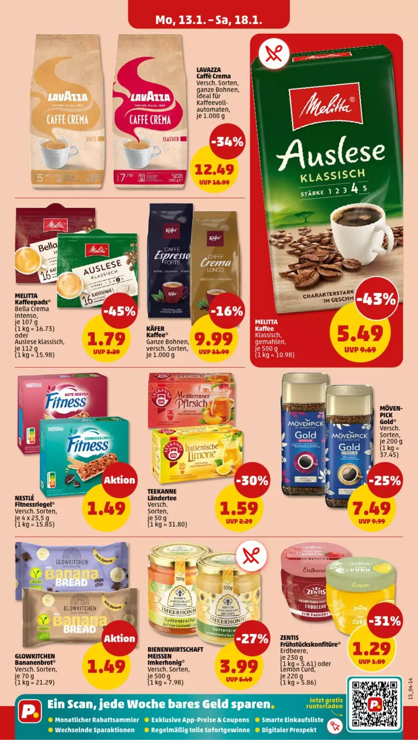 Aktueller Prospekt Penny - Prospekte - von 13.01 bis 18.01.2025 - strona 15 - produkty: auto, banane, bananen, beere, bella crema, bohne, bohnen, brot, caffe, coupon, coupons, eis, erdbeere, honig, intenso, käfer, kaffee, kaffeepads, konfitüre, Ländertee, lavazza, mövenpick, pfirsich, reis, riegel, tee, teekanne, Ti, tomate, tomaten, zentis