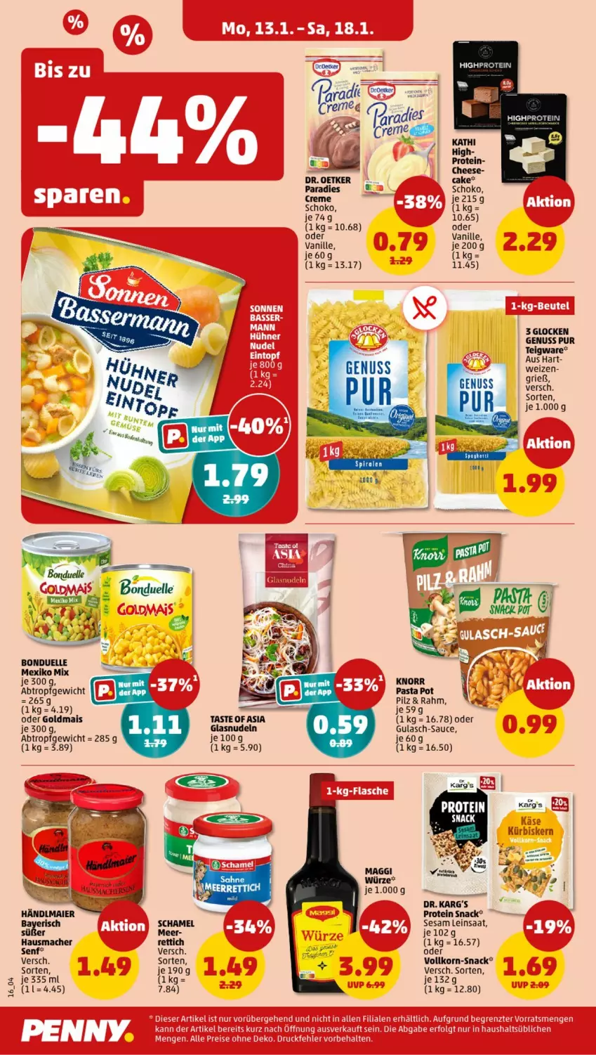 Aktueller Prospekt Penny - Prospekte - von 13.01 bis 18.01.2025 - strona 16 - produkty: bonduelle, creme, Dr. Oetker, droetker, elle, Goldmais, gulasch, händlmaier, Hausmacher, HP, knorr, korn, mac, mais, meerrettich, nudel, nudeln, nuss, pasta, Rettich, sauce, schamel, schoko, senf, sesam, snack, Ti, vanille