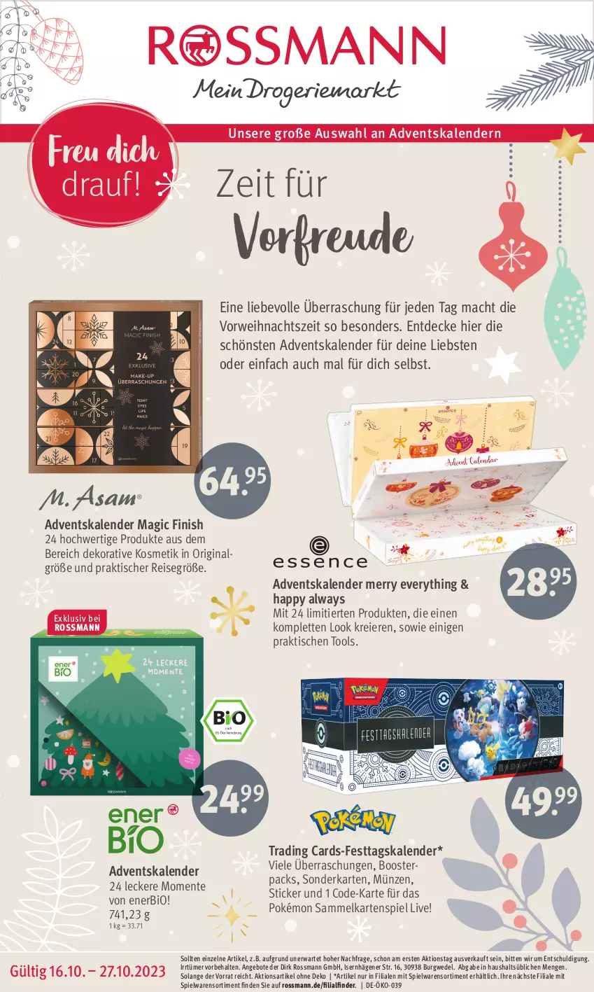 Aktueller Prospekt Rossmann - Prospekte - von 16.10 bis 27.10.2023 - strona 1 - produkty: Adventskalender, Alwa, Always, angebot, angebote, bio, decke, eier, eis, ente, Finish, gin, Kartenspiel, kosmetik, LG, mac, reis, rwe, spielwaren, Ti, tisch, wedel