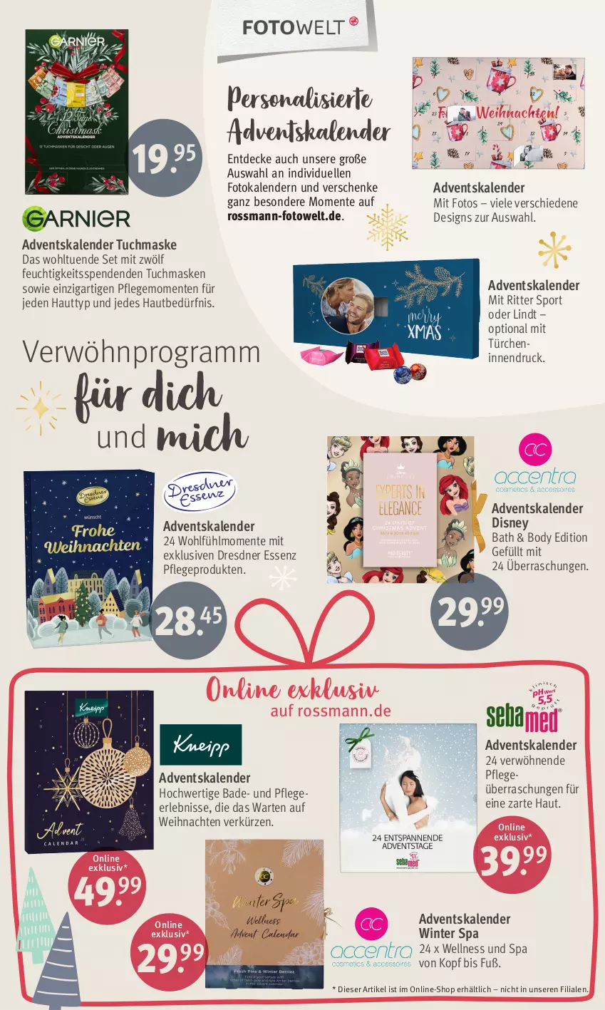 Aktueller Prospekt Rossmann - Prospekte - von 16.10 bis 27.10.2023 - strona 5 - produkty: Adventskalender, auf weihnachten, Bad, body, decke, disney, elle, ente, Fotokalender, lindt, Maske, Persona, ritter, ritter sport, Sport, Ti, tuc, tuchmaske, weihnachten