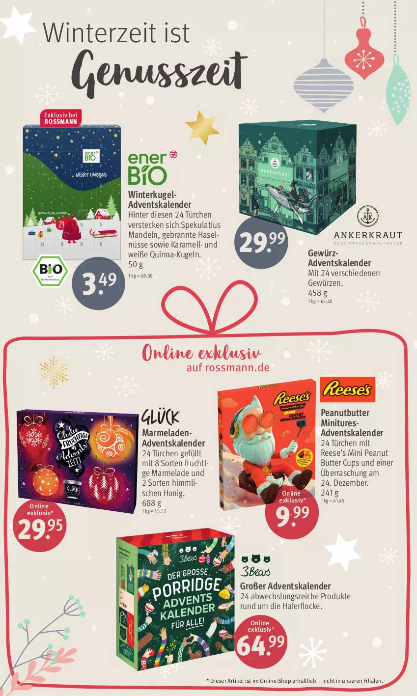 Aktueller Prospekt Rossmann - Prospekte - von 16.10 bis 27.10.2023 - strona 6 - produkty: Adventskalender, butter, frucht, gewürz, hafer, honig, karamell, Kugel, mandel, mandeln, marmelade, nuss, peanut butter, quinoa, resa, Ti