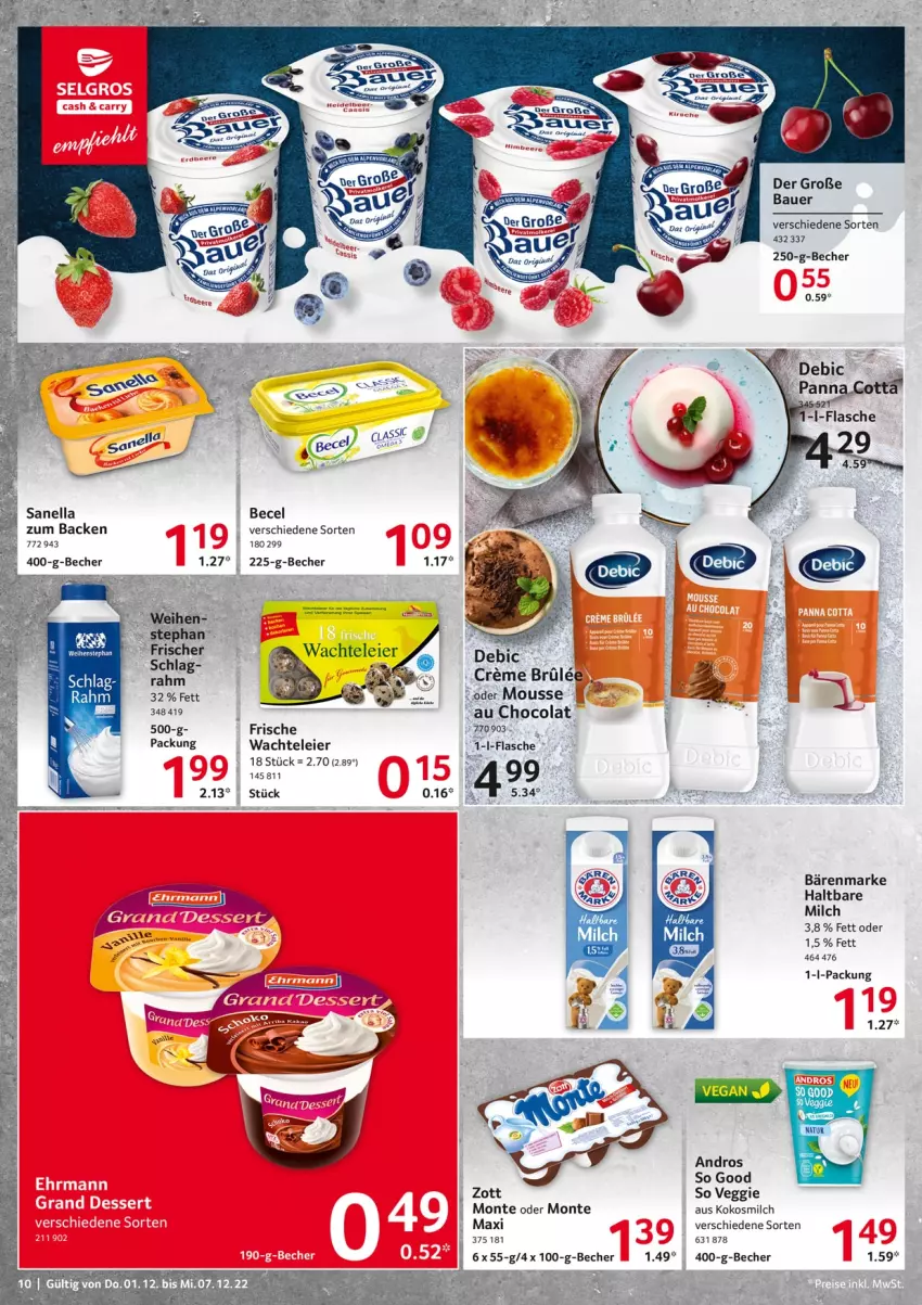 Aktueller Prospekt Selgros - Food - von 01.12 bis 07.12.2022 - strona 10 - produkty: auer, bärenmarke, Bau, Bauer, becel, Becher, cola, creme, eier, gin, haltbare milch, kokos, kokosmilch, milch, monte, mousse, veggie, zott