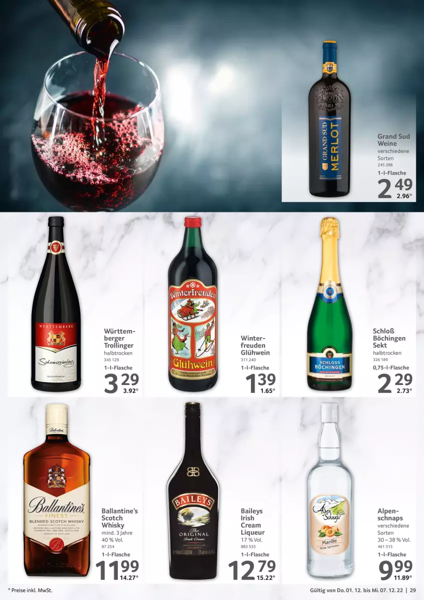 Aktueller Prospekt Selgros - Food - von 01.12 bis 07.12.2022 - strona 29 - produkty: baileys, ball, Berger, eis, Glühwein, grand sud, merl, merlot, reis, scotch, sekt, Ti, trolli, trollinger, wein, weine, whisky