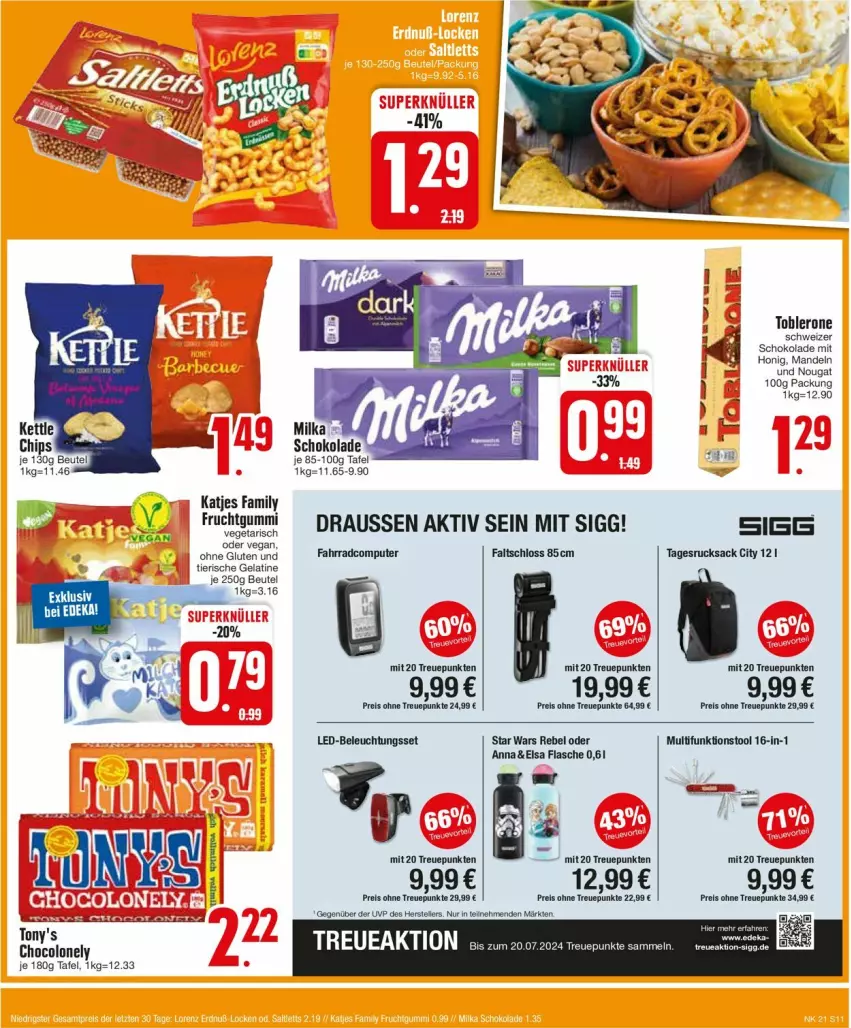 Aktueller Prospekt Edeka - Prospekte - von 20.05 bis 25.05.2024 - strona 11 - produkty: beleuchtung, beutel, chips, computer, eis, elle, Fahrrad, Faltschloss, flasche, frucht, fruchtgummi, gelatine, honig, katjes, led-beleuchtung, mandel, mandeln, pute, reis, rucksack, sac, schoko, schokolade, teller, Ti, toblerone, Vegeta