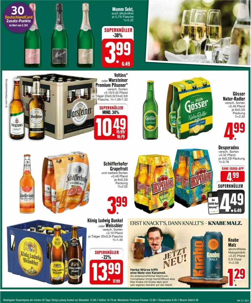 Aktueller Prospekt Edeka - Prospekte - von 20.05 bis 25.05.2024 - strona 21 - produkty: alkohol, auer, Bau, Bauer, bier, desperados, eis, flasche, getränk, gösser, grapefruit, karamell, malz, natur, pils, pilsener, premium pils, radler, ring, schöfferhofer, steiner, Ti, veltins, warsteiner, weissbier