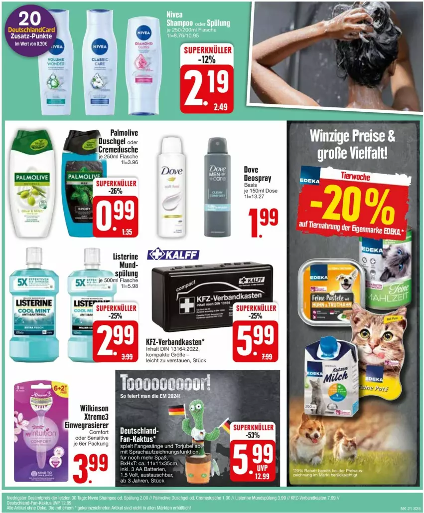 Aktueller Prospekt Edeka - Prospekte - von 20.05 bis 25.05.2024 - strona 25 - produkty: deka, deo, deospray, deutschlandcard, dove, dusche, eis, flasche, kfz-verbandkasten, listerine, ndk, reis, spülung, tee, Ti, Verbandkasten, wilkinson